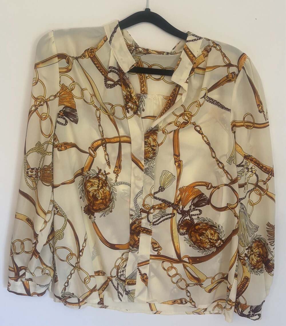 SHEIN Chain and Tassel Print Long Sleeve Button-Down Blouse